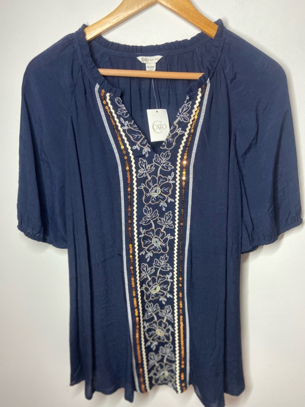 Cato Navy Floral Embroidered Sequin-Trim V-Neck Top